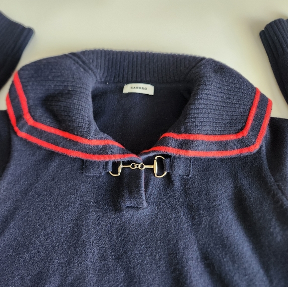 SANDRO WILLIANS Puritan Collar Wool Sweater in Navy Blue Size:0 - Picture 10 of 14